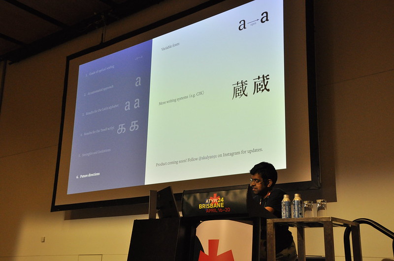 Siva Kalyan presenting “Automating the Optical Scaling of Fonts.” at ATypI 2024 Brisbane. Photo by Eric Liu.