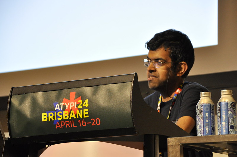 Siva Kalyan presenting “Automating the Optical Scaling of Fonts.” at ATypI 2024 Brisbane. Photo by Eric Liu.