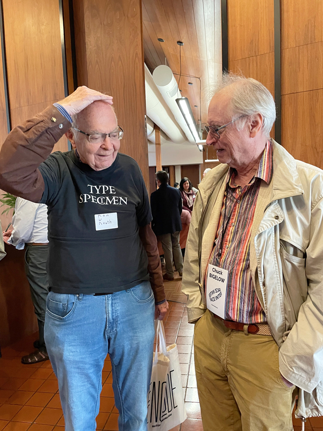 Don Knuth and Chuck Bigelow at Face/Interface 2023. Photo by John D. Berry.