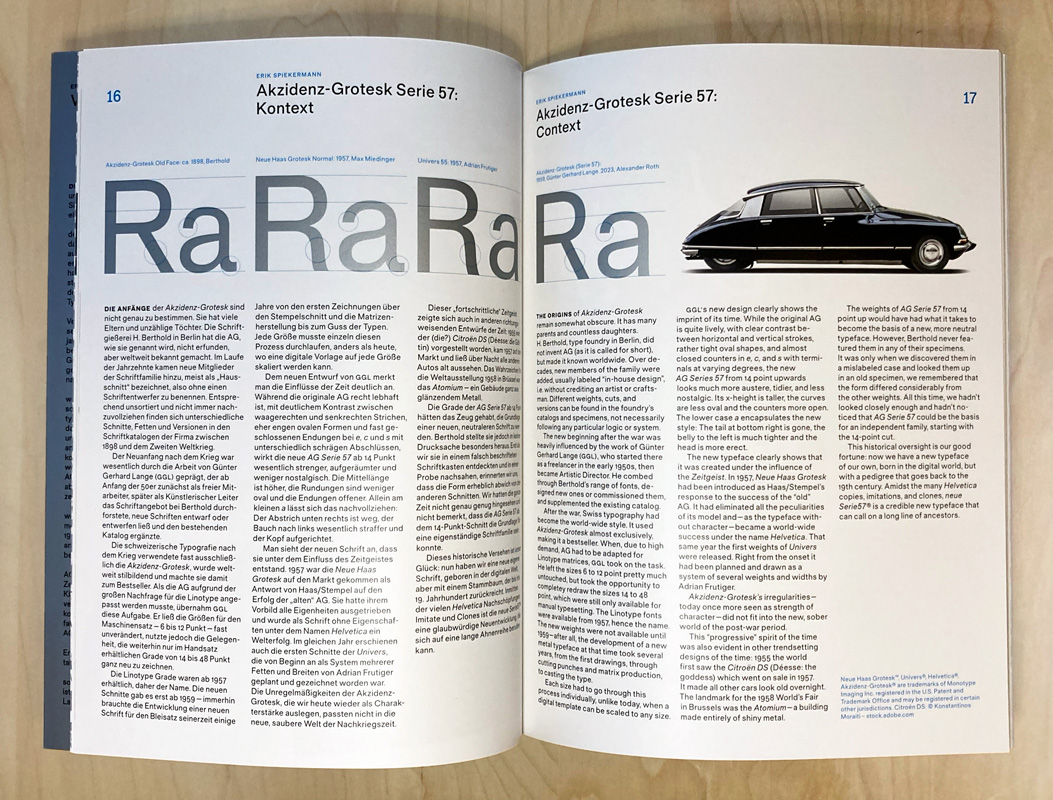 A spread in German and English from a brochure for neue Serie57®, Spiekerman, Roth, 2023. Photo by Delve Withrington.