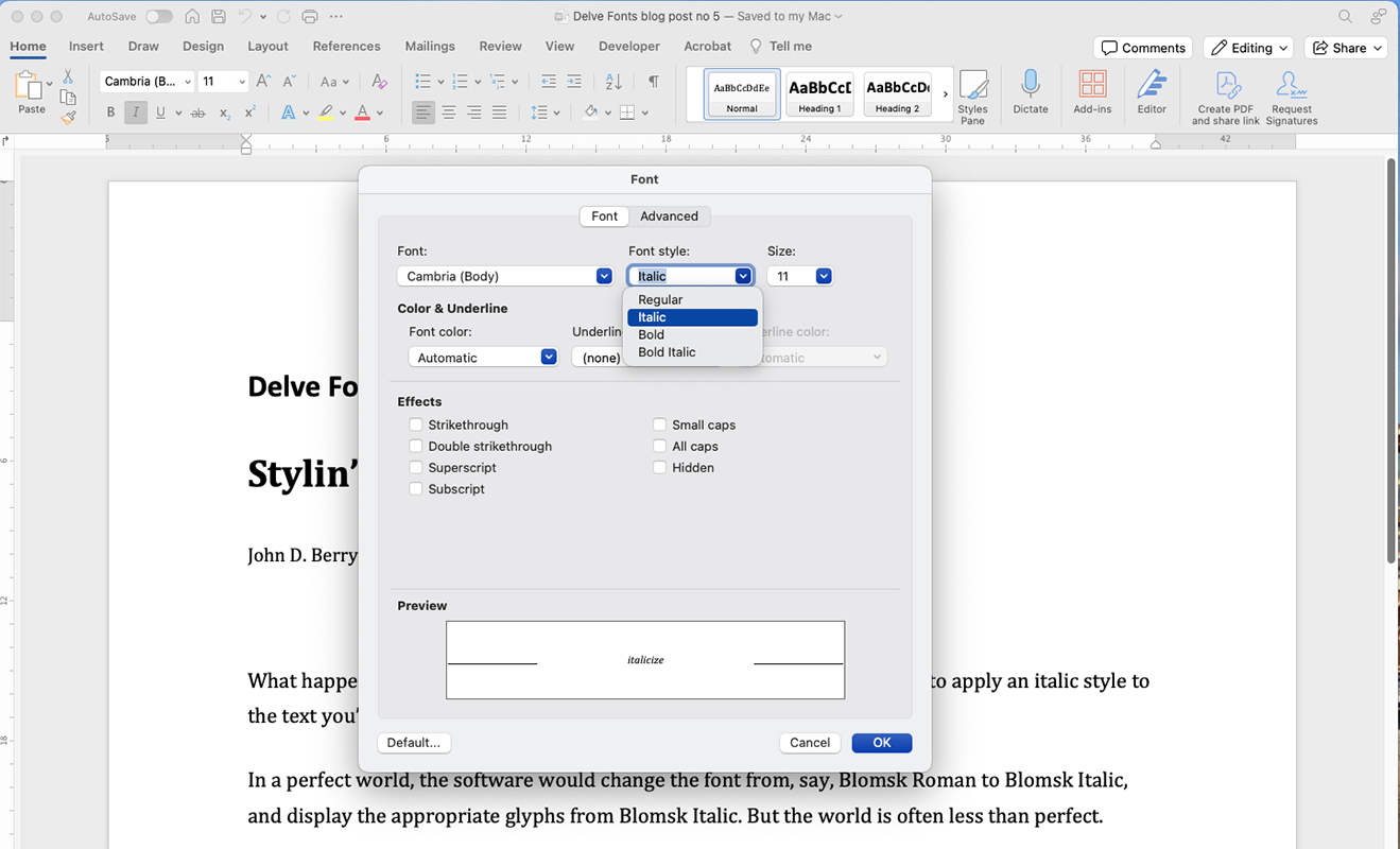 Font style selections in MS Word