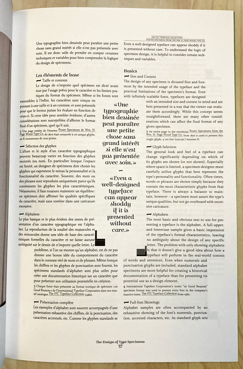 A page from *The Design of Type Specimens* by Nick Sherman for *The Shelf Journal 1,* 2012, in English and French. Photo by Delve Withrington.